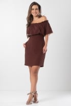 Vestido Curto Viscose Babado Ombro a Ombro Marrom.