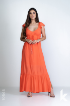 Vestido Laranja De Manguinhas Com Babados e Amarração Abaixo do Busto