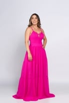 Vestido Rosa Com Shape Volumoso Decote Em X  Alças e Costas Com Decote