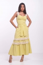 Conjunto Saia Babado Cropped Al&ccedil;a Detalhes Franja Amarelo