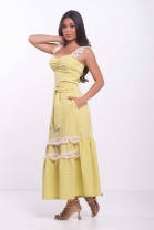 Conjunto Saia Babado Cropped Al&ccedil;a Detalhes Franja Amarelo