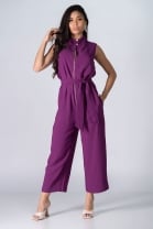 Macacão Pantacourt Cavado Ziper Frontal Gola Botões Roxo