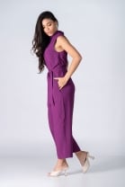 Macacão Pantacourt Cavado Ziper Frontal Gola Botões Roxo