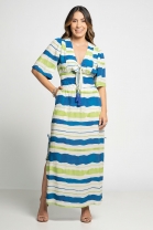 Vestido Midi Listrado com Fenda 