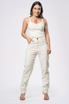 Conjunto de Calça e Cropped de Alça Sarja Off White