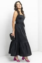 Vestido Midi Rodado Alças Grossas Preto