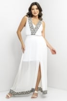 Vestido Longo Voil Bordado Decote V Fenda Frontal Branco