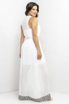 Vestido Longo Voil Bordado Decote V Fenda Frontal Branco