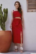 Conjunto de Saia e Cropped de Al&ccedil;a com Flores 3D Vermelho