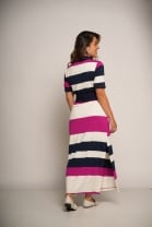 Vestido Midi Gola Alta Mix de Listras Azul Branco 