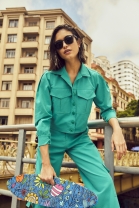 Conjunto de Calça Cargo e Jaqueta com Bolsos Verde Água 