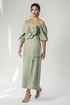 Vestido Longo de Linho Ombro a Ombro Floral Verde