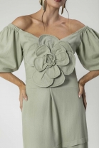 Vestido Longo de Linho Ombro a Ombro Floral Verde