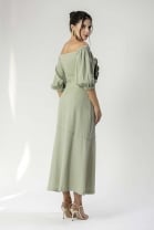 Vestido Longo de Linho Ombro a Ombro Floral Verde