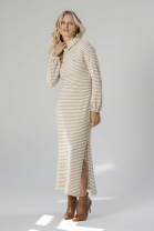 Vestido Longo Gola Alta Listrado Bege 