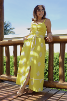 Vestido Longo de Alça e Amarraçao Frontal Amarelo