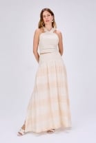 Conjunto de Saia Longa Fluida e Cropped Cavado Off White 