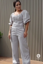 Conjunto de Calça Reta e Cropped Listrado Cinza 