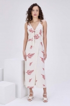 Vestido Midi Bordado com Amarração Off White 