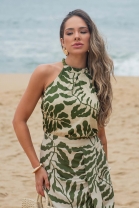 Vestido Midi Cavado Verde Estampado