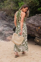 Vestido Midi Cavado Verde Estampado