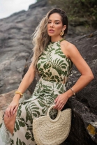 Vestido Midi Cavado Verde Estampado