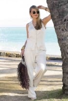 Conjunto de Calça de Linho e Blusa Frente Unica Cru
