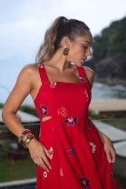 Vestido Longo Godê Vermelho Bordado
