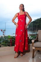 Vestido Longo Godê Vermelho Bordado