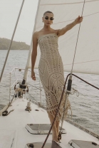 Vestido Midi de Franja Tomara que Caia Bege