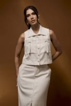 Conjunto de Saia Midi e Blusa com Abotoamento Cru