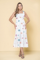 Vestido Longo Godê Off White Bordado 
