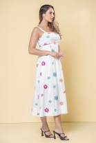 Vestido Longo Godê Off White Bordado 