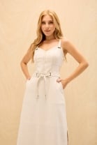 Vestido Midi com Decote em V e Fenda Lateral Cru 