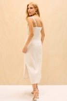 Vestido Midi com Decote em V e Fenda Lateral Cru 