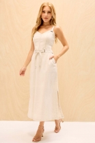 Vestido Midi com Decote em V e Fenda Lateral Cru 