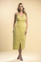 Vestido Midi com Transpasse e Decote V Amarelo 