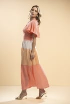 Vestido Midi Decote V Bloco de Cores 