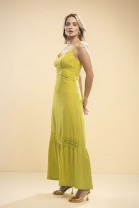 Vestido Longo de Alça Fina em Linho Amarelo