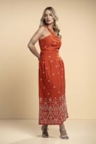 Conjunto de Saia Longa e Cropped Cavado Bordado Laranja 
