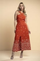 Conjunto de Saia Longa e Cropped Cavado Bordado Laranja 