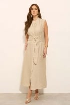 Vestido Midi Gola Alta Bege 