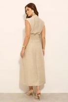 Vestido Midi Gola Alta Bege 