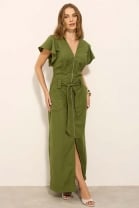 Vestido Longo Com Babado Verde Militar