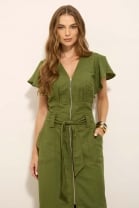 Vestido Longo Com Babado Verde Militar