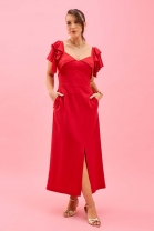 Vestido Midi Babados nas Mangas Vermelho 