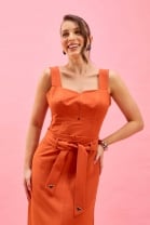 Vestido Midi Decote Quadrado Laranja 