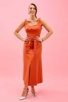 Vestido Midi Decote Quadrado Laranja 