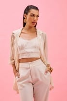 Trijunto de Calça Top e Camisa Transparente Bege 