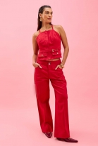 Conjunto de Calça e Cropped com Ajuste Vermelho 